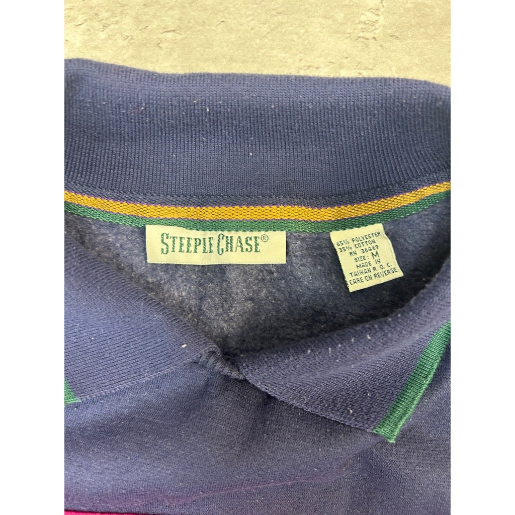 Vintage Steeple Chase Striped Embroidered Crest Collared Sweatshirt Size Medium
