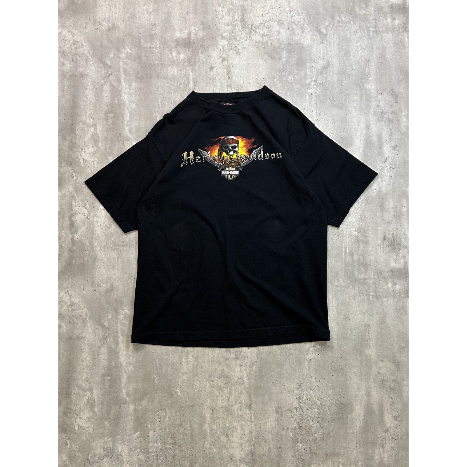 Vintage Harley Davidson Spellout Pirate Graphic Black T-Shirt Size 2XL