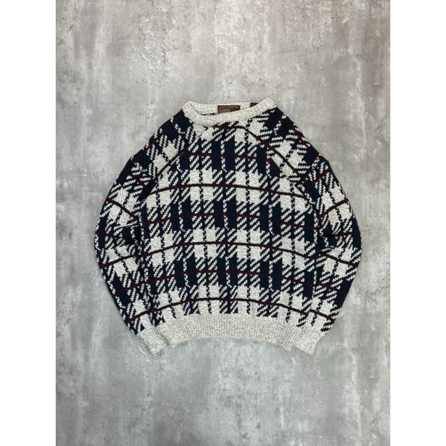 Vintage 90s Authentic Issue Plaid Print Pullover Ribbed Knit Sweater Size Large