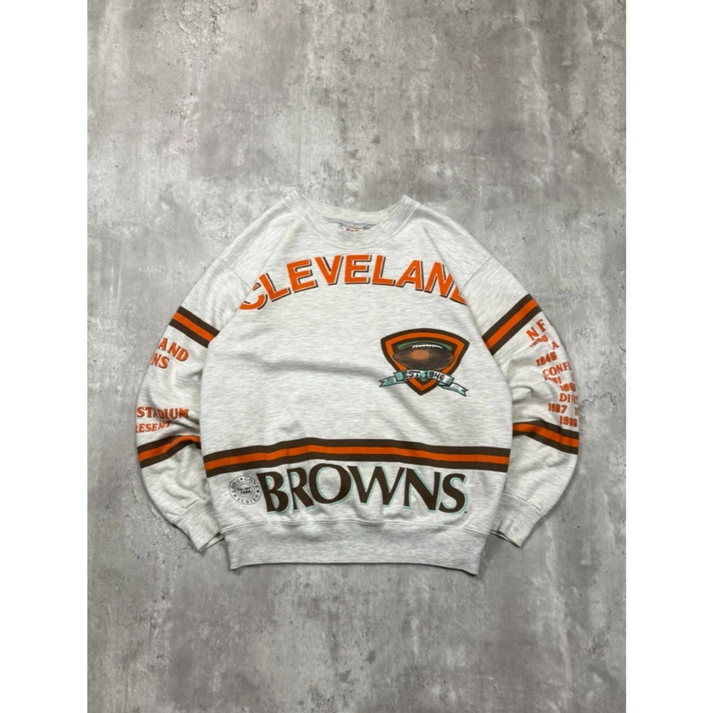 Vintage 1990 Cleveland Browns NFL AOP Spellout Graphic Sweatshirt Size Medium