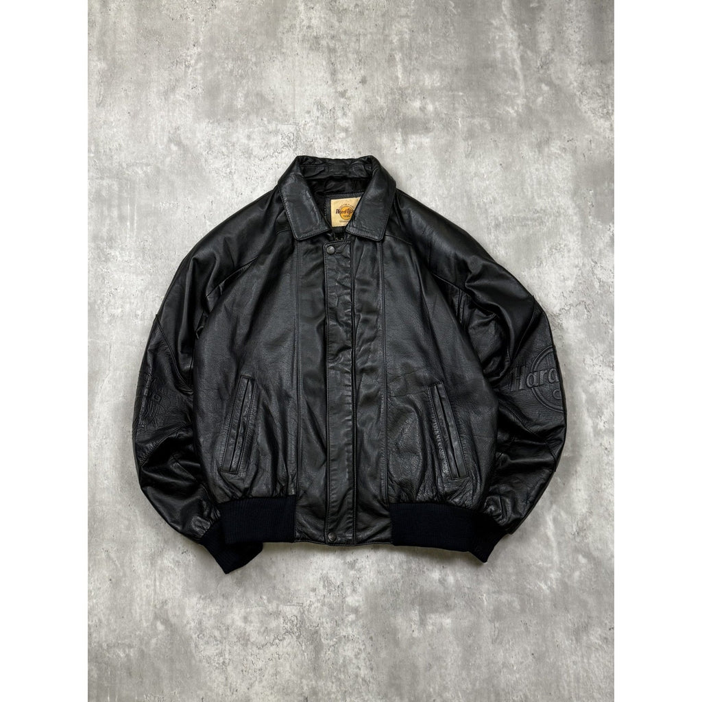 Vintage Hard Rock Cafe Embossed Sleeve Logo Leather Bomber Jacket Size Small