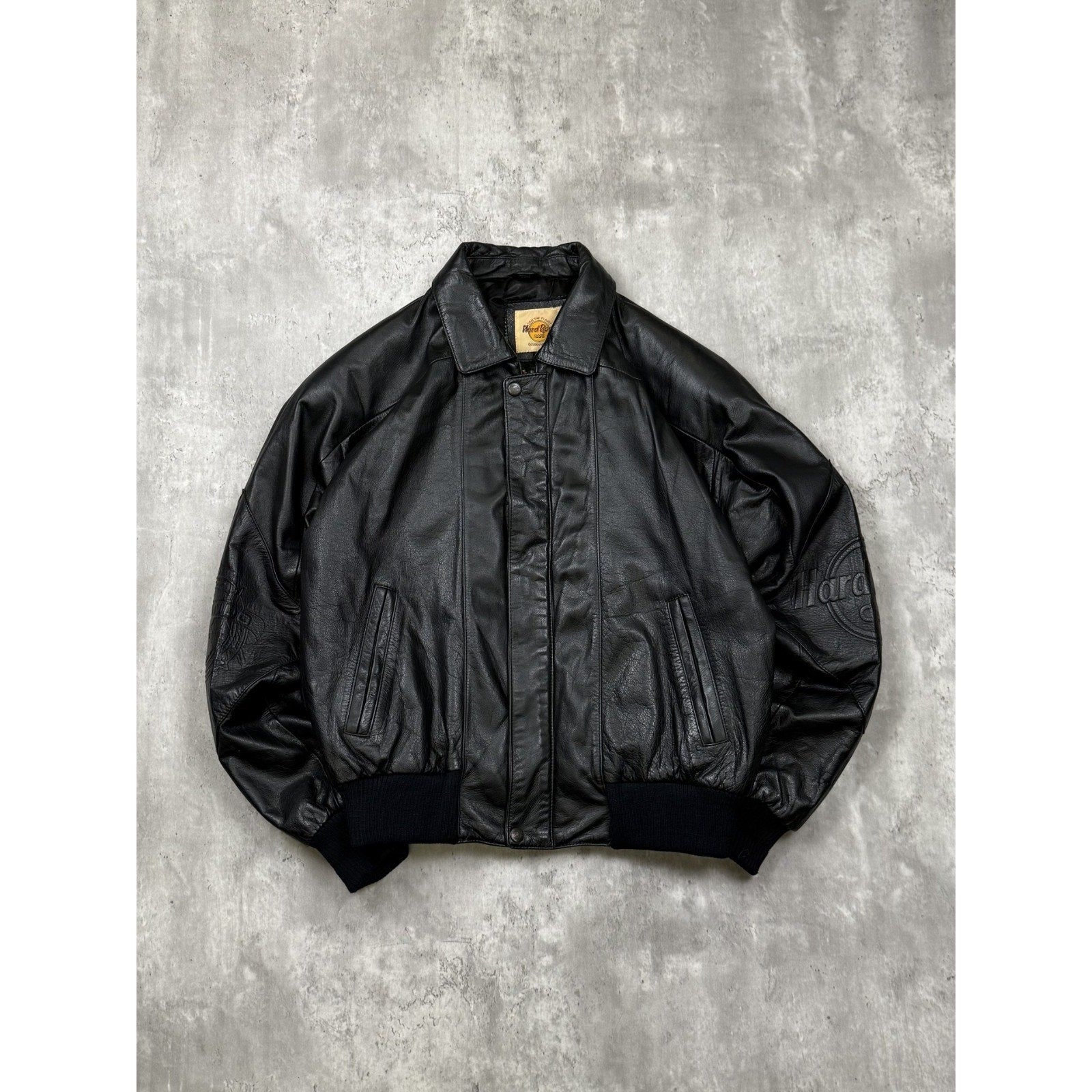 Vintage Hard Rock Cafe Embossed Sleeve Logo Leather Bomber Jacket Size Small