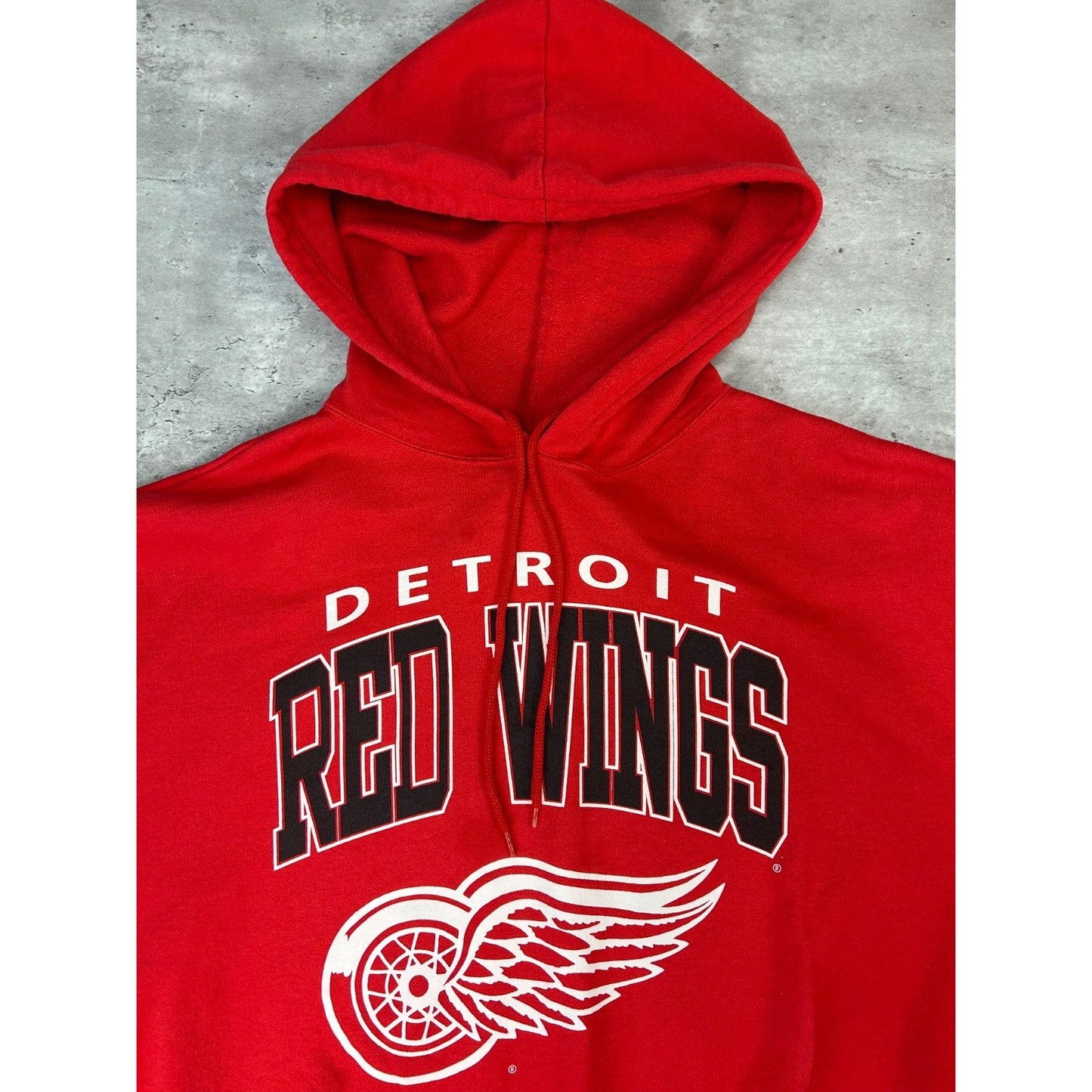Vintage 90s Detroit Red Wings NHL Spellout Graphic Hooded Sweatshirt Size Large