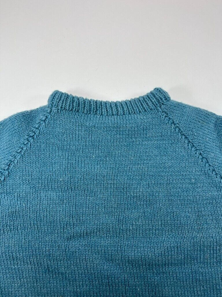 Vintage 80s/90s Hand Knit Ribbed Neck Pullover Knit Sweater Size Large Blue