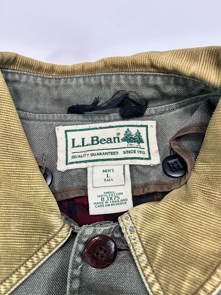 VTG LL Bean Plaid Lined Canvas Multi Pocket Hunting Long Jacket Size Large Tall