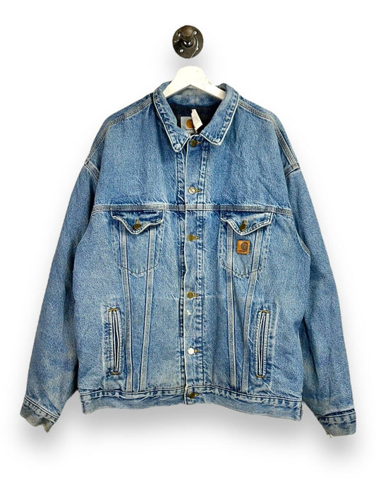 Vintage 90s Carhartt Blanket Light Wash Denim Work Wear Trucker Jacket Size XLT