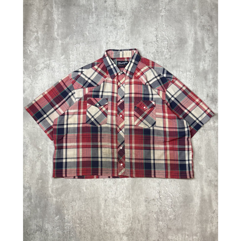 Vintage 90s Wrangler Pearl Snap Plaid Reworked Cropped Button Up Shirt Sz 2XL