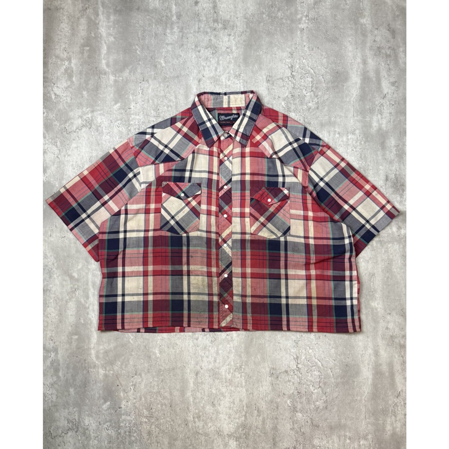 Vintage 90s Wrangler Pearl Snap Plaid Reworked Cropped Button Up Shirt Sz 2XL