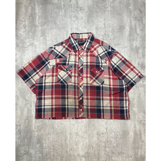 Vintage 90s Wrangler Pearl Snap Plaid Reworked Cropped Button Up Shirt Sz 2XL