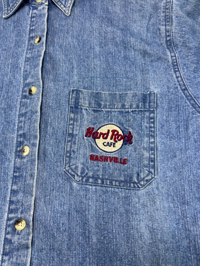 Vintage 90 Hard Rock Cafe Nashville Embroidered Denim Button Up Shirt Size Large