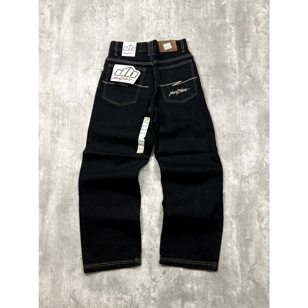 Vintage Y2K Womens Johnny Blaze Embroidered Script Black Wash Denim Pants