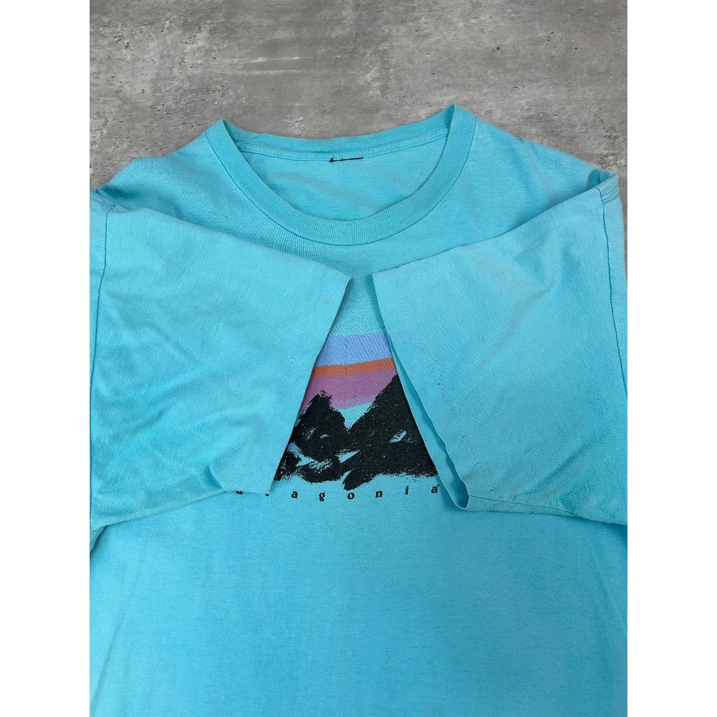 Vintage 90s Patagonia Painted Logo Graphic Spellout T-Shirt Size Large Blue