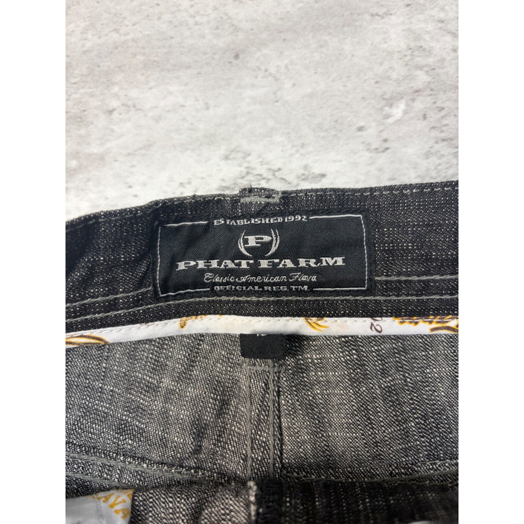 Vintage Y2K Womens Phat Farm Embroidered Graphic Black Wash Denim Pants Sz 29x31