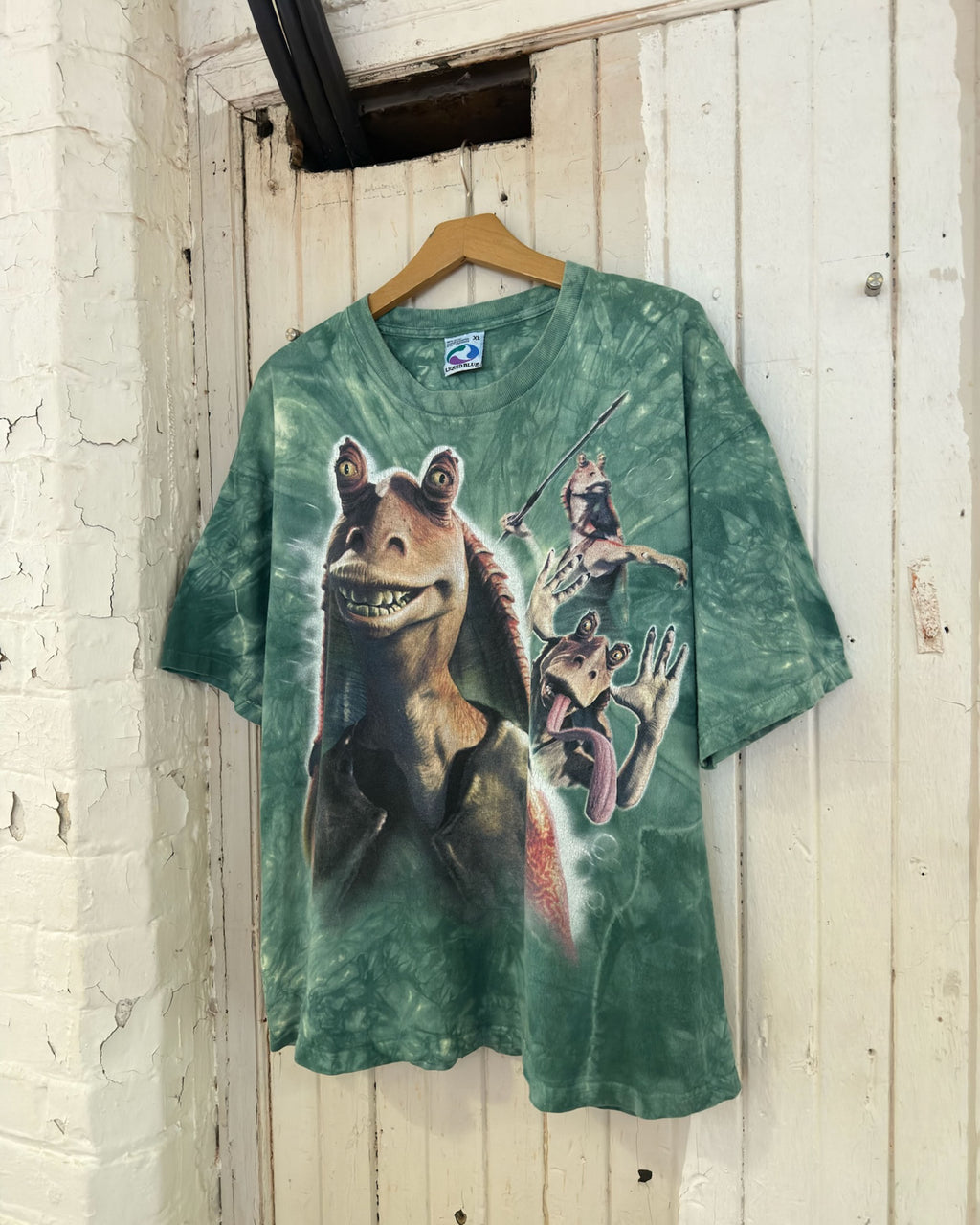 Vintage 90s Star Wars Jar Jar Episode 1 Liquid Blue Tye Dye T-shirt Size XL