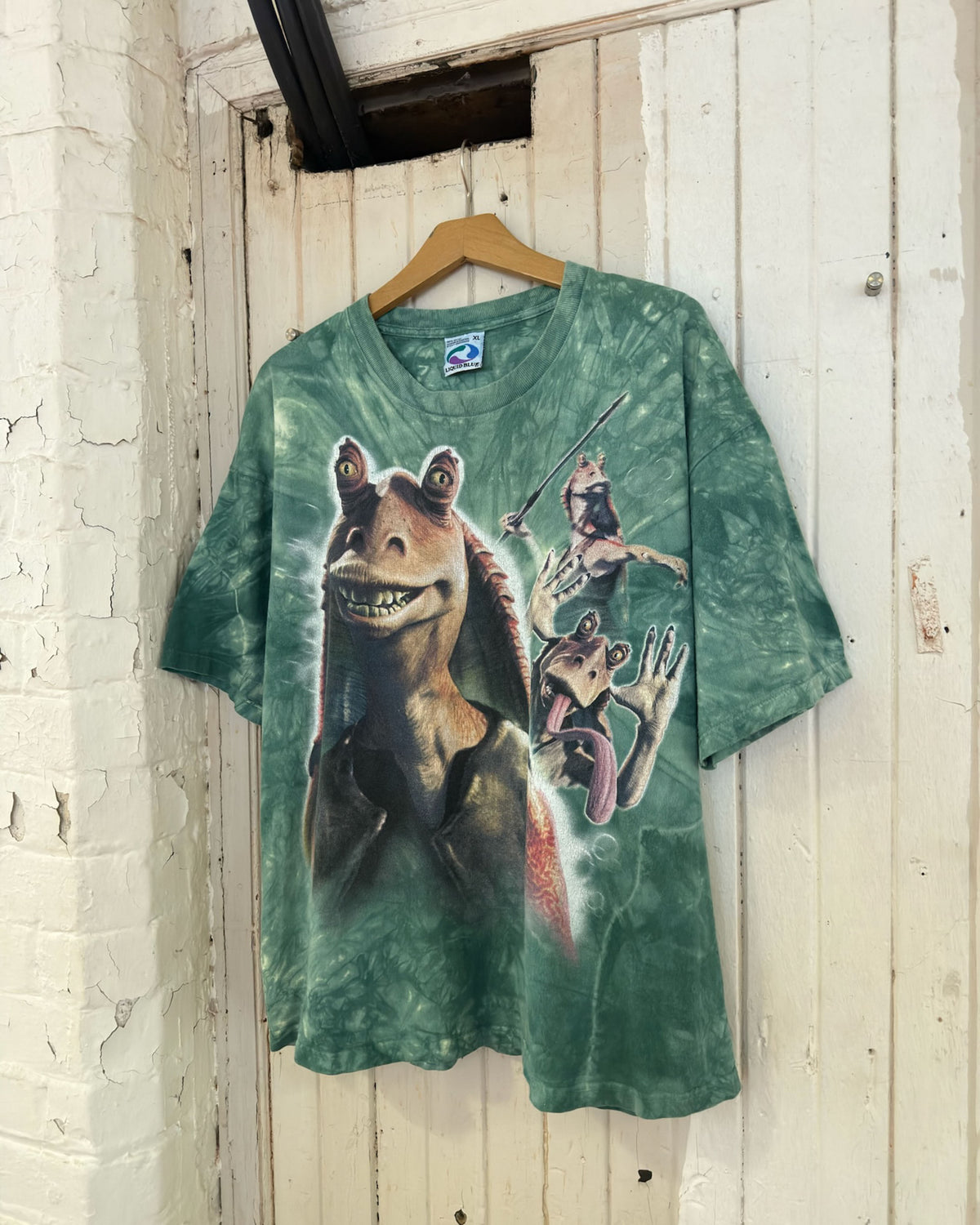 Vintage 90s Star Wars Jar Jar Episode 1 Liquid Blue Tye Dye T-shirt Size XL
