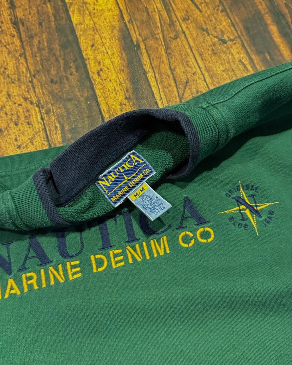 Vintage 90s Nautica Marine Jeans Earth Tone Embroidered Spellout Sweatshirt Size Medium