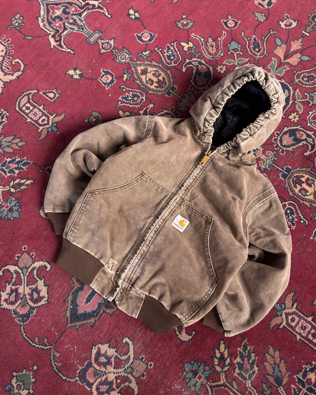 Vintage Youth Carhartt Quilted Lined Canvas Workwear Full Zip Hooded Active Jacket Size Small