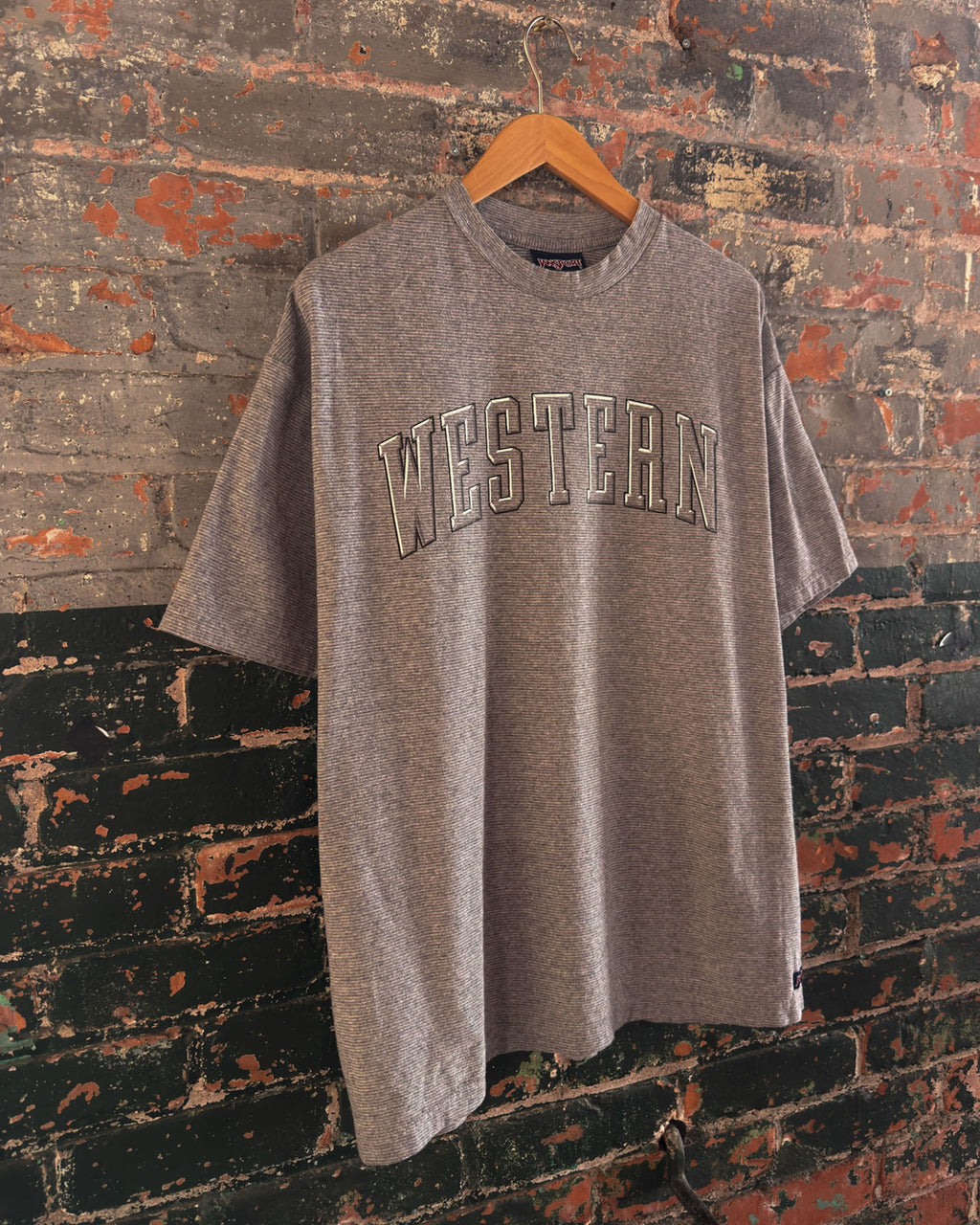 Vintage 90s Western Mustangs Collegiate Spellout Striped T-Shirt Size XL