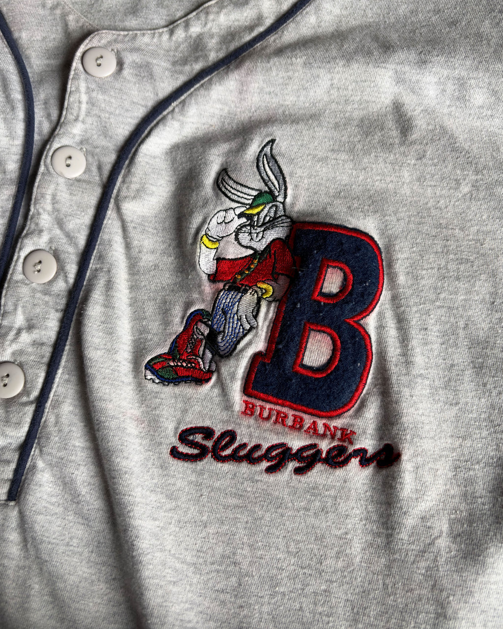 Vintage 1993 Looney Tunes Bugs Bunny Burbank Sluggers 1/4 Button Baseball Jersey Size L/XL