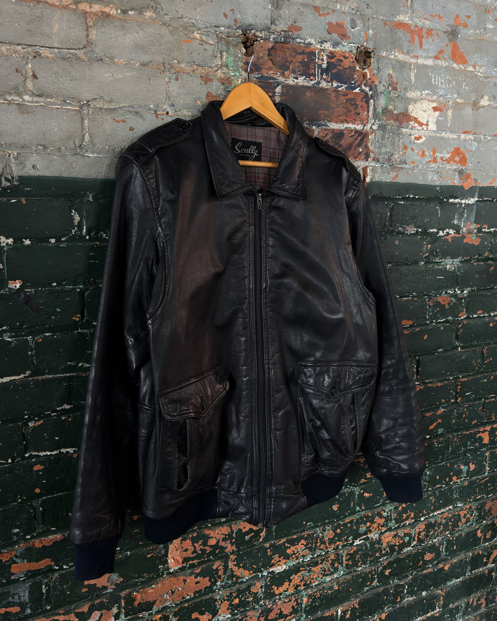 Vintage 90s Scully Plaid Lined Multi Pocket Full Zip Leather Bomber Jacket Size LT