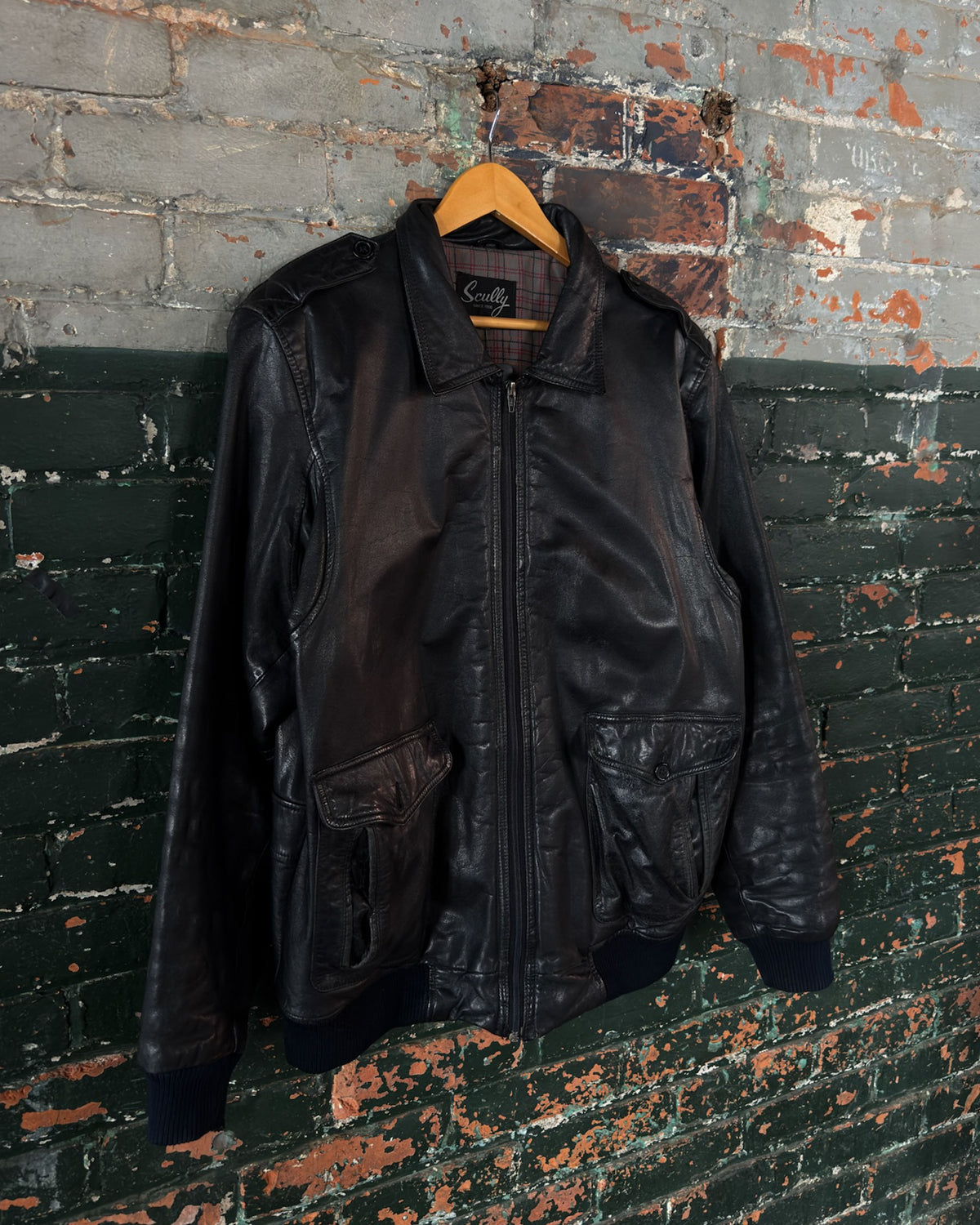 Vintage 90s Scully Plaid Lined Multi Pocket Full Zip Leather Bomber Jacket Size LT