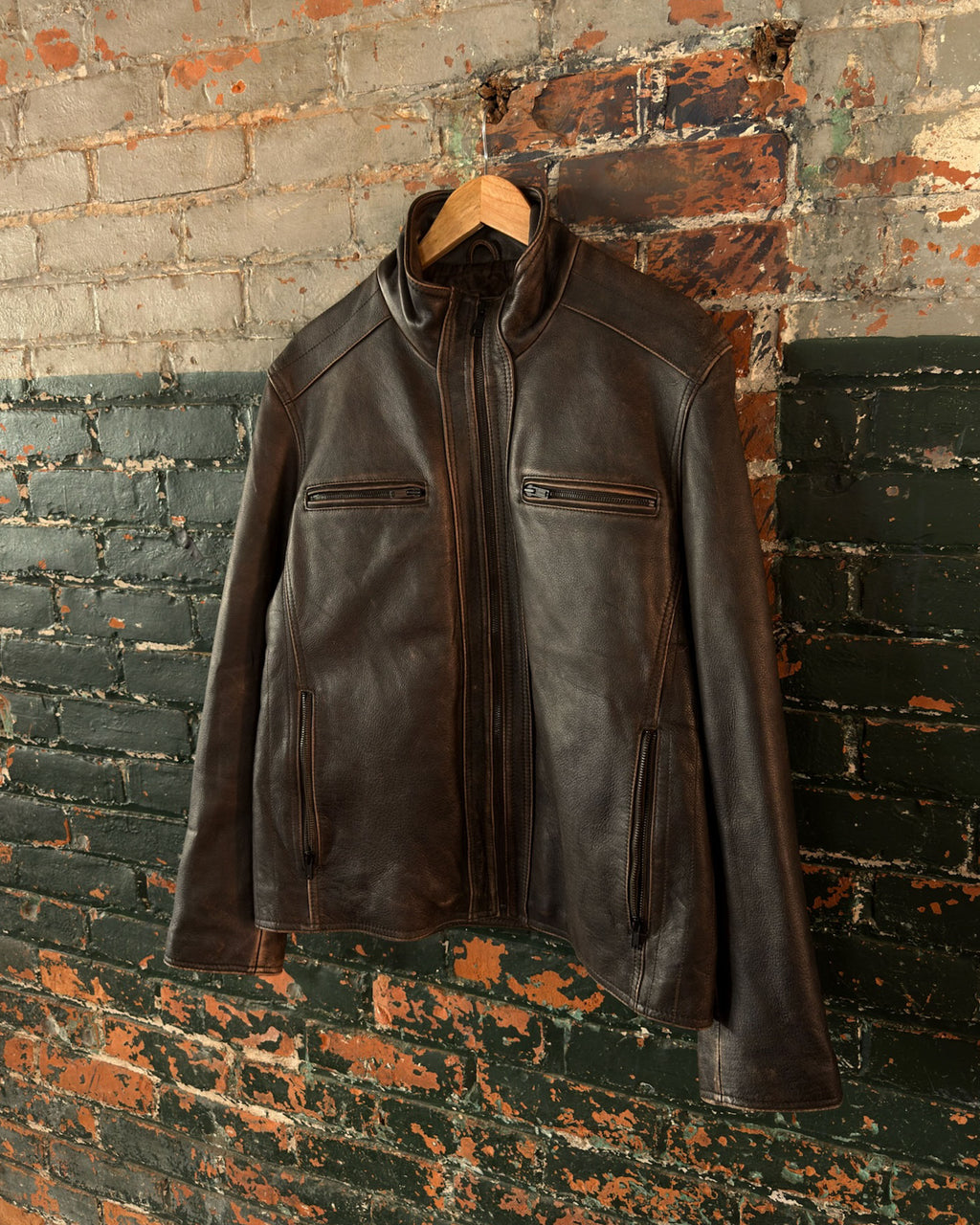 Vintage Black Rivet Quilted Lined Faded Full Zip Faded Leather Bomber Jacket Size Large