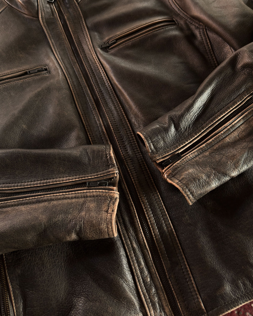 Vintage Black Rivet Quilted Lined Faded Full Zip Faded Leather Bomber Jacket Size Large