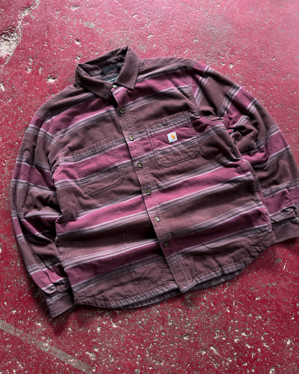 Vintage Carhartt Fleece Lined Striped Workwear Long Sleeve Button Up Size Large