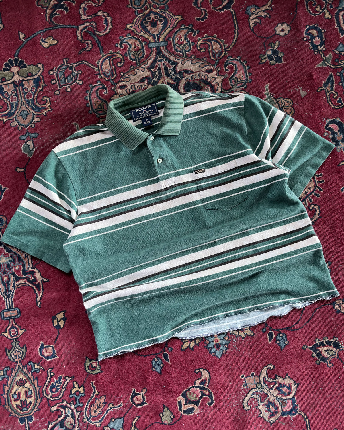Vintage Polo Sport Single Pocket Short Sleeve Cropped Reworked Button Up Size Large