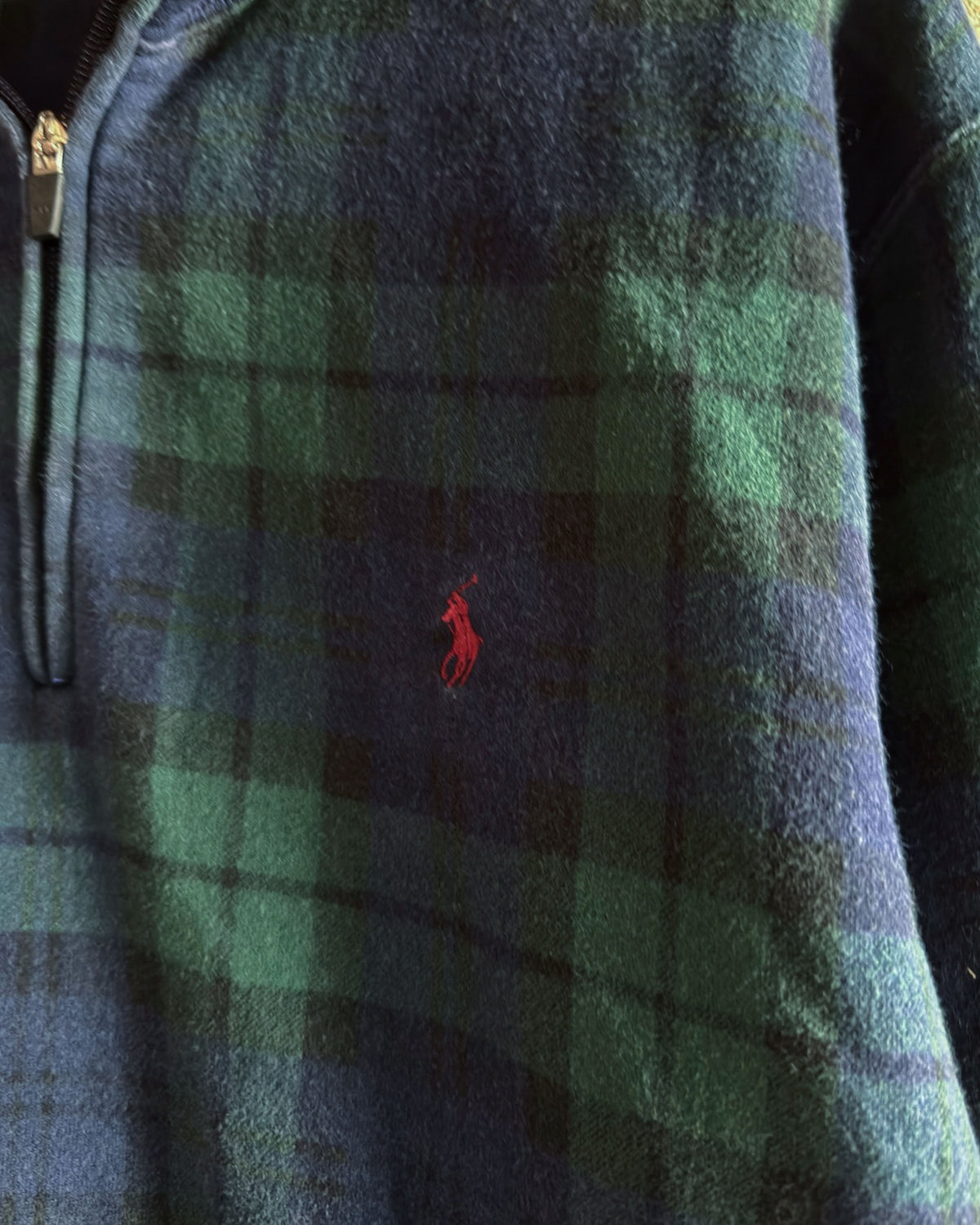 Vintage 90s Polo Ralph Lauren Embroidered Pony Plaid 1/4 Zip Sweatshirt Size Large