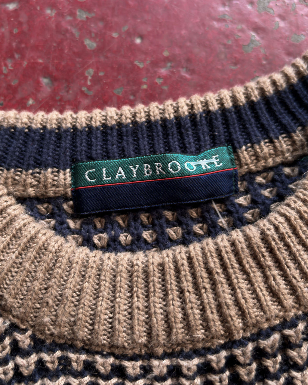 Vintage 90s Claybrooke Abstract Print Earth Tone Pullover Ribbed Knit Sweater Size XL