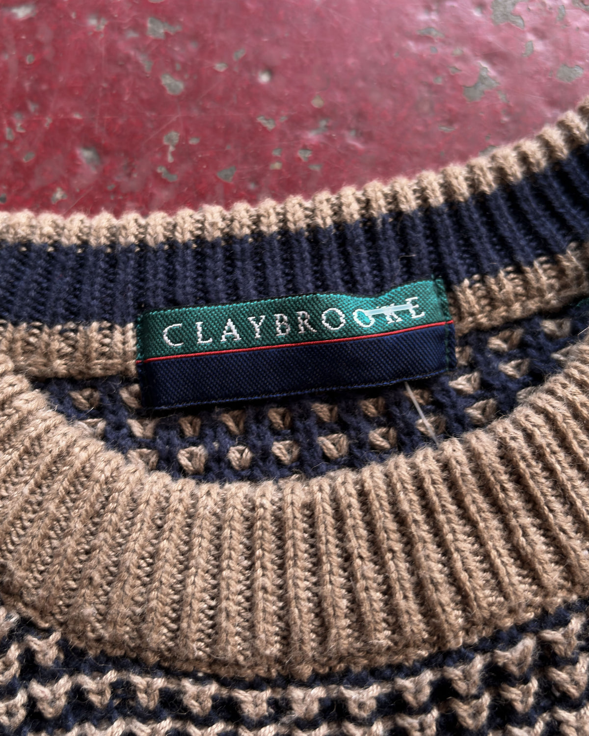 Vintage 90s Claybrooke Abstract Print Earth Tone Pullover Ribbed Knit Sweater Size XL