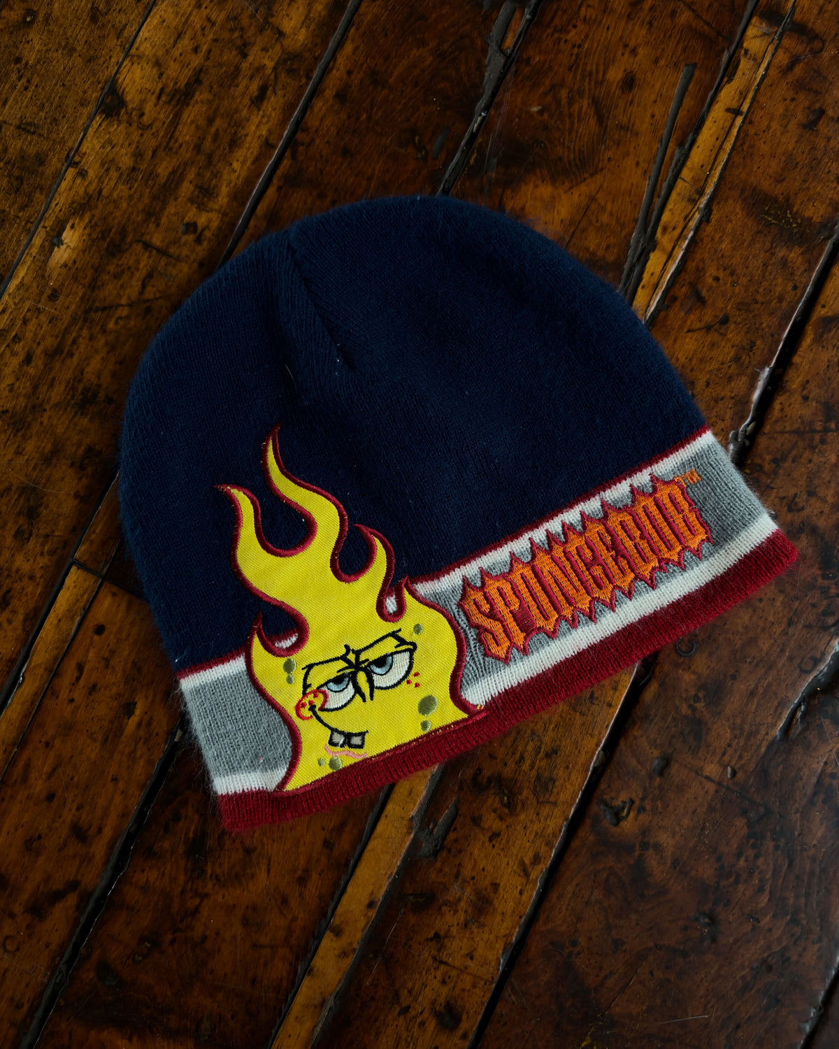 Vintage 2005 Spongebob Embroidered Character Flame Spellout Beanie Hat Size OSFA