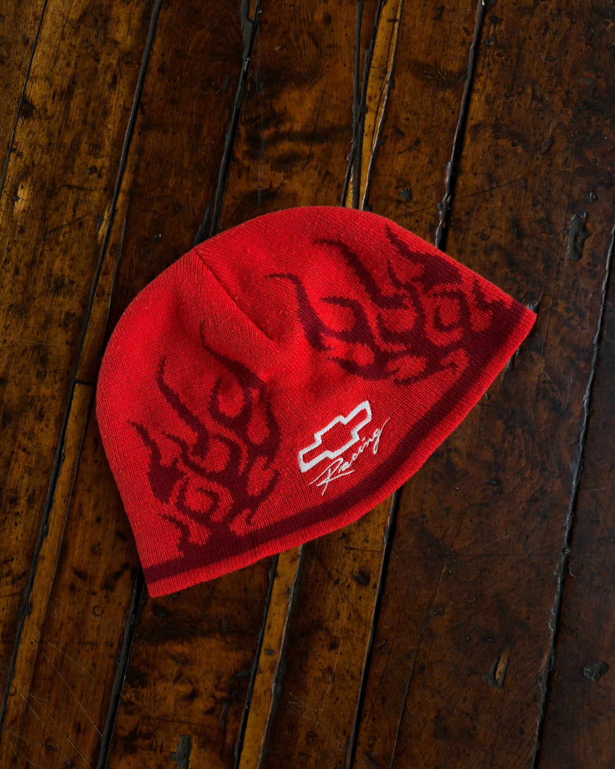 Vintage Chevy Racing Embroidered Logo Flame Red Beanie Hat Size OSFA