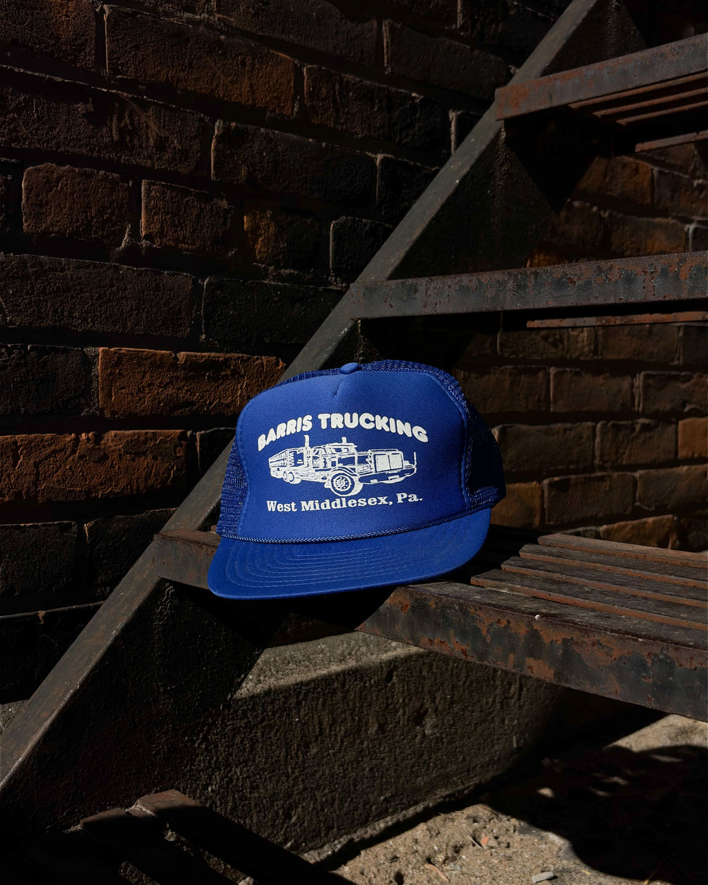 Vintage 80s Barris Trucking Freighter Graphic Blue Trucker Snapback Hat Size OSFA