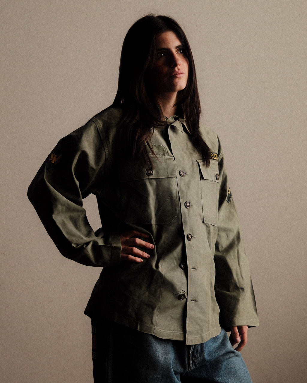 Vintage 60s OG 107 US Army Patch Button Up Shirt Size Large