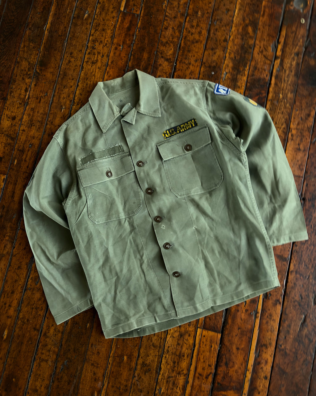 Vintage 60s OG 107 US Army Patch Button Up Shirt Size Large