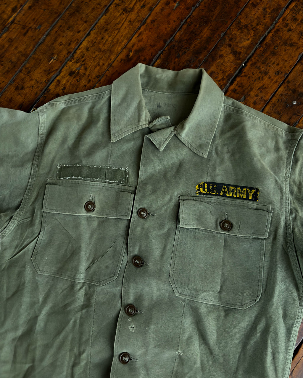 Vintage 60s OG 107 US Army Patch Button Up Shirt Size Large