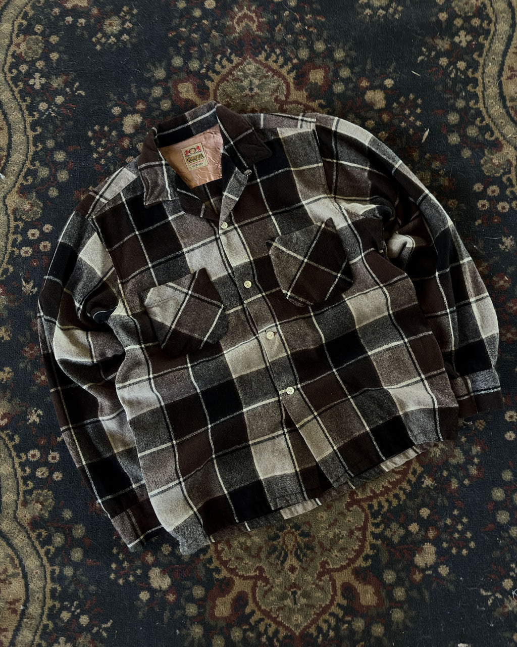 Vintage 50s Campus Double Pocket Loop Collar Long Sleeve Flannel Shirt Size Small