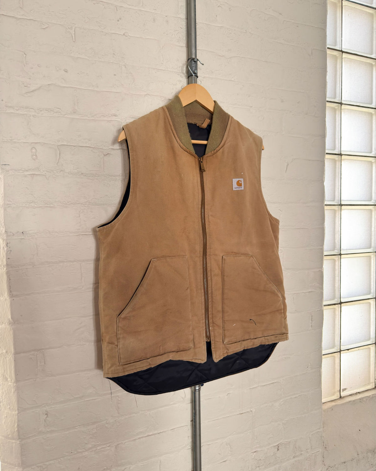 Vintage Carhartt Quilted Lined Canvas Workwear Beige Vest Size Large