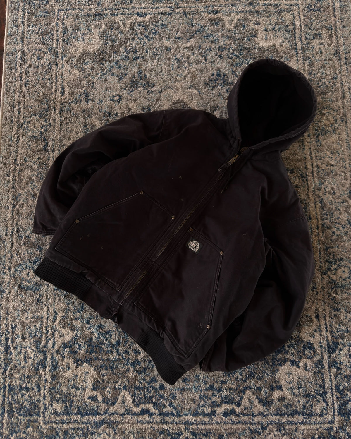 Vintage Polar King Fleece Lined Canvas Workwear Black Hooded Jacket Size XL