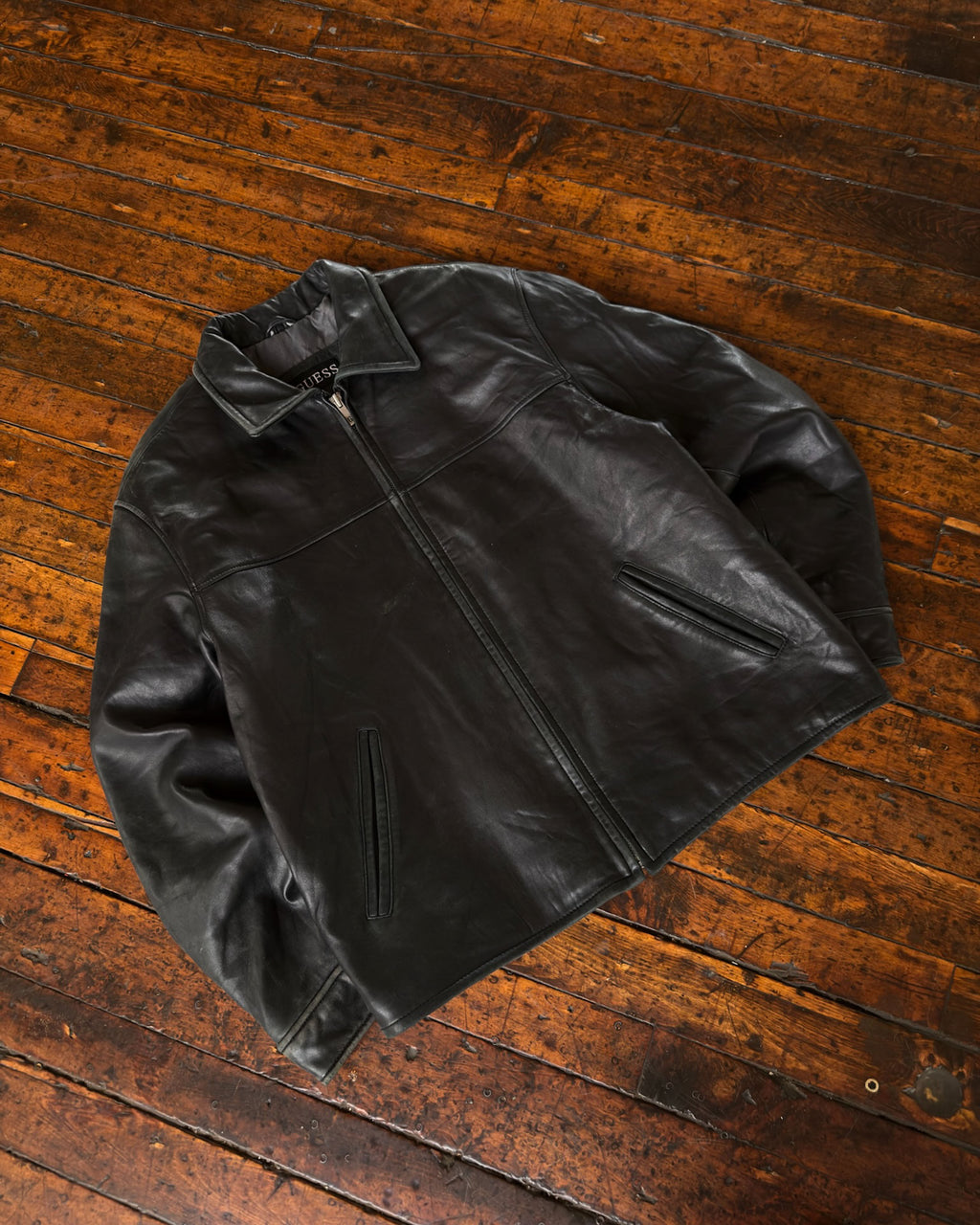 Vintage Guess Full Zip Black Leather Jacket Size Large
