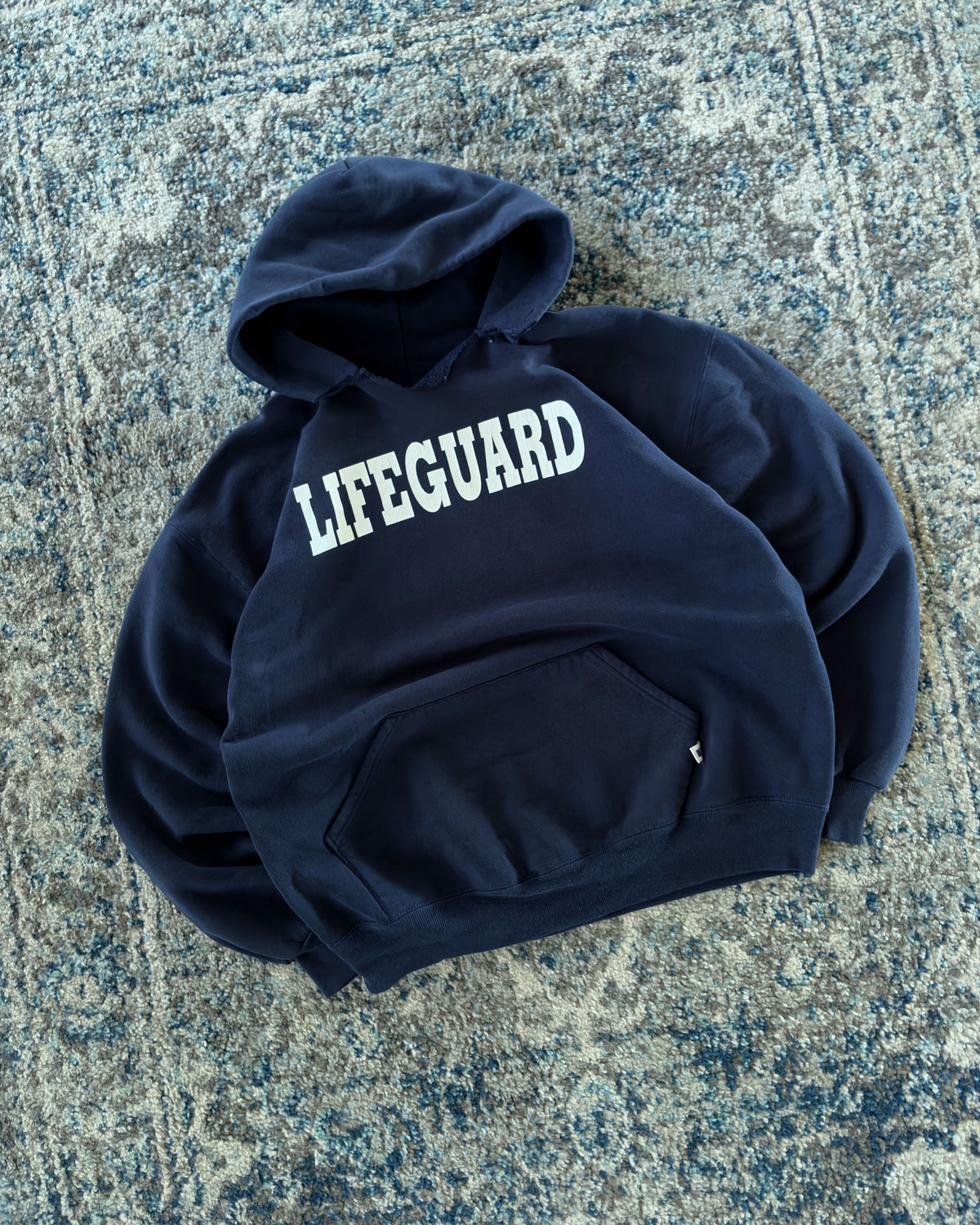 Vintage 90s Lifeguard Spellout Graphic Russell Athletics Hooded Sweatshirt Size XL