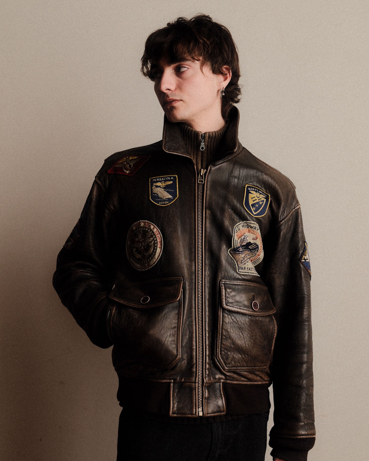 Vintage 1980s Schott US Navy Patched Full Zip Brown Leather Bomber Jacket Size Large