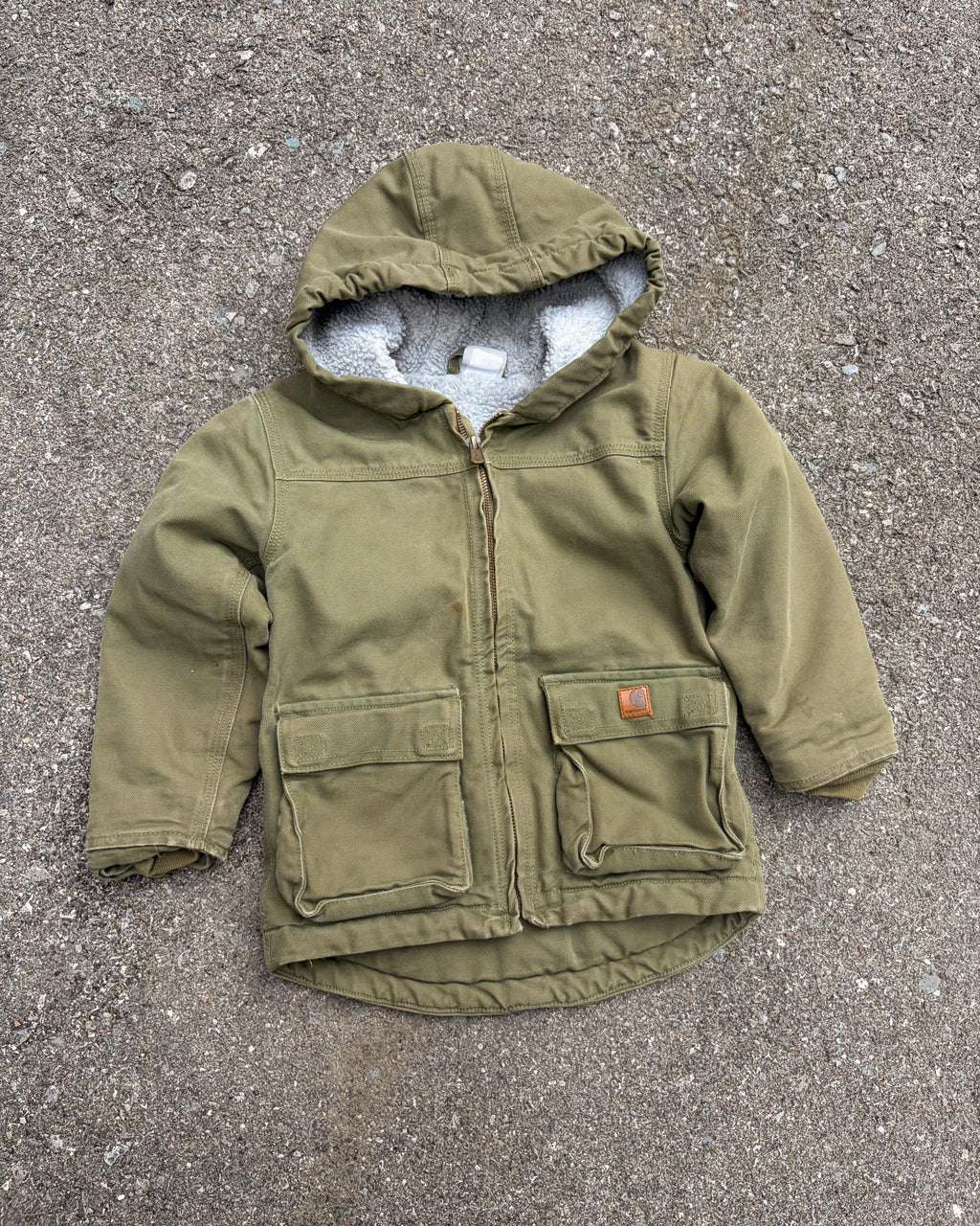 Vintage Carhartt Sherpa Lined Canvas Workwear Hooded Chore Jacket Size YOUTH 4T