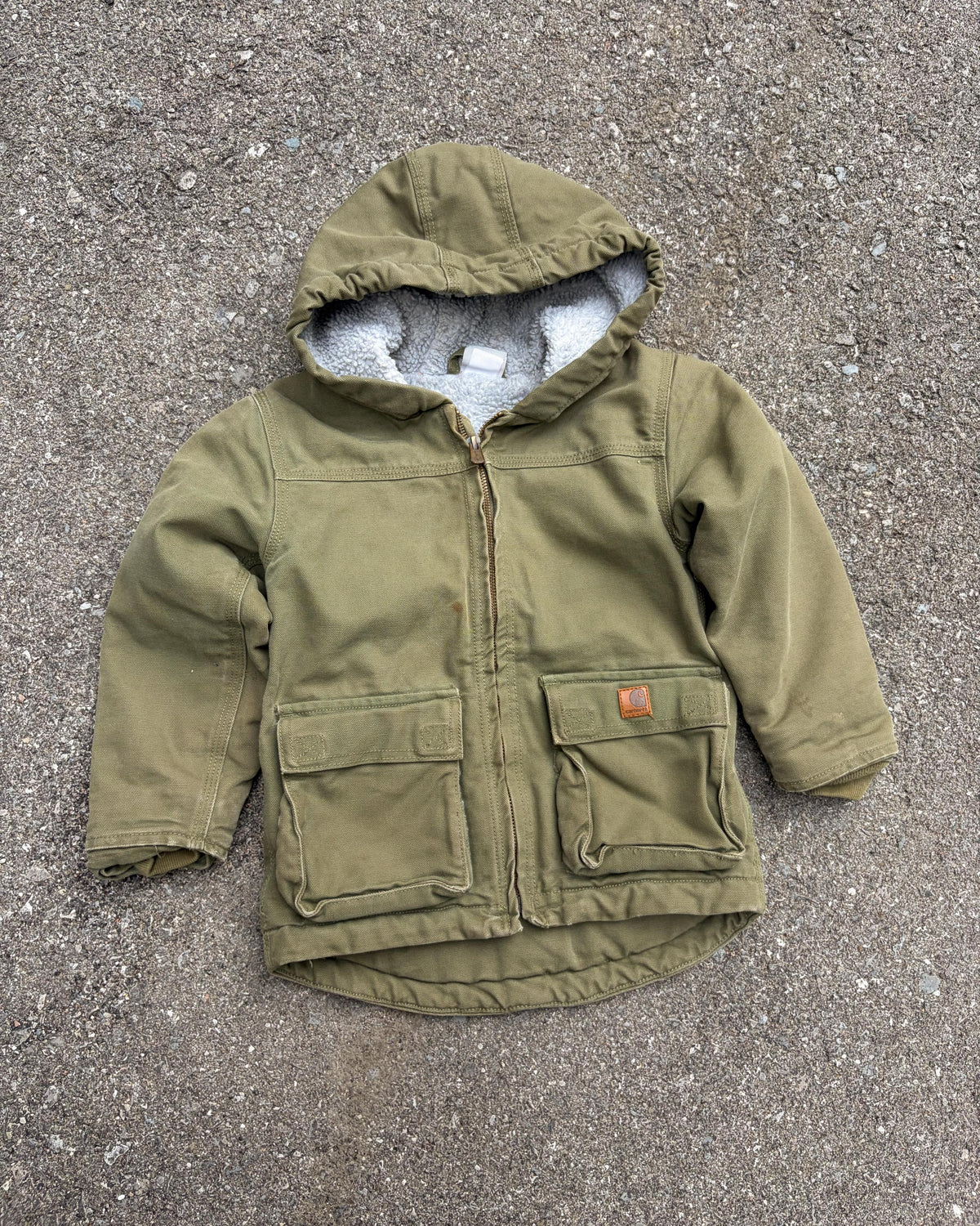 Vintage Carhartt Sherpa Lined Canvas Workwear Hooded Chore Jacket Size YOUTH 4T