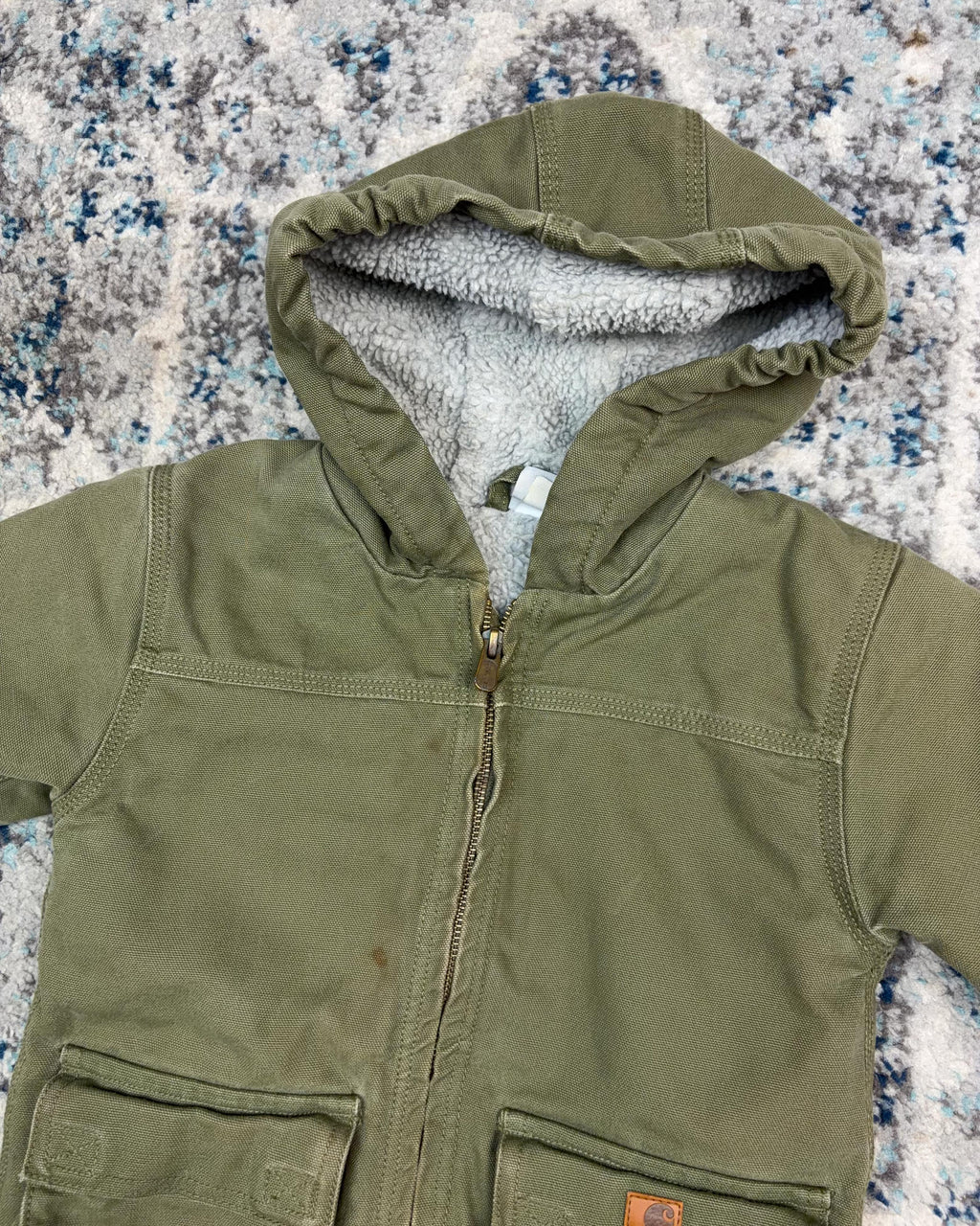 Vintage Carhartt Sherpa Lined Canvas Workwear Hooded Chore Jacket Size YOUTH 4T