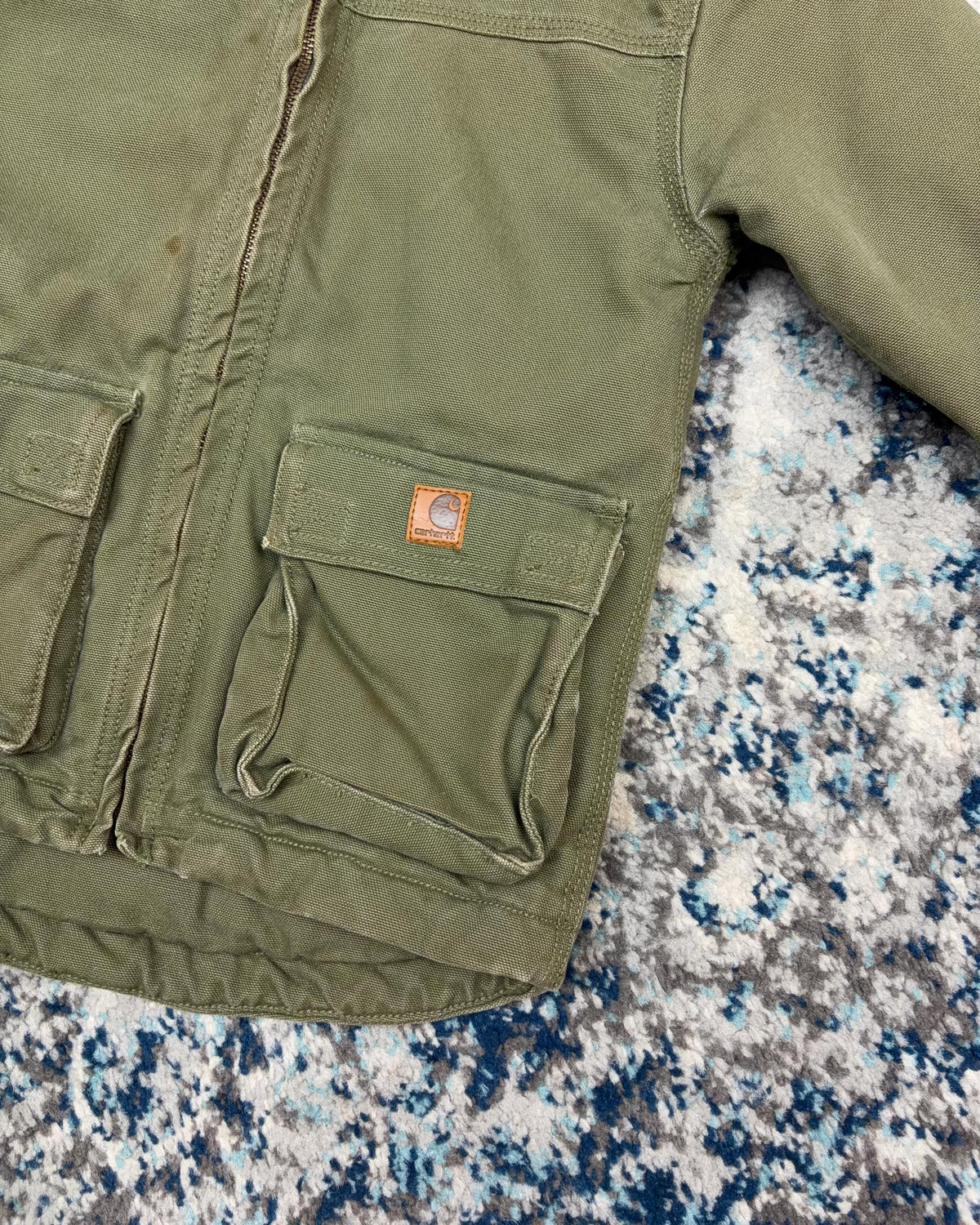 Vintage Carhartt Sherpa Lined Canvas Workwear Hooded Chore Jacket Size YOUTH 4T