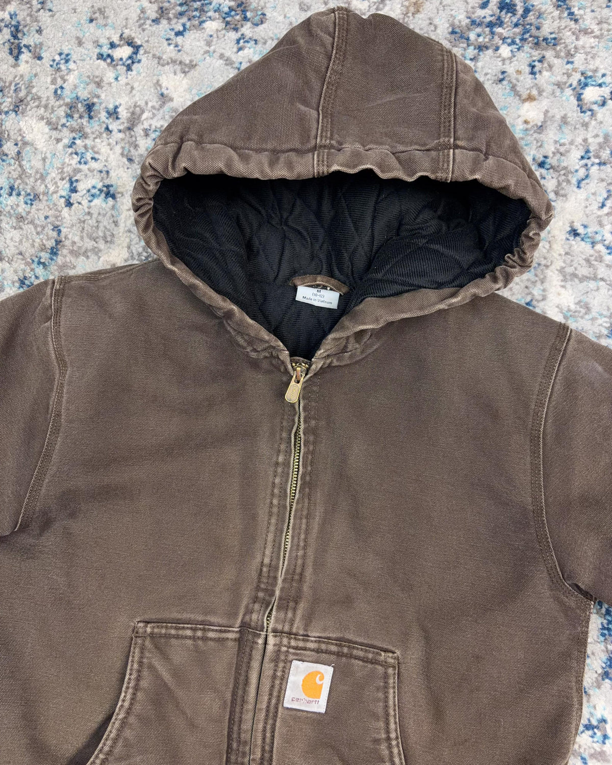 Vintage Carhartt Insulated Canvas Workwear Hooded Bomber Jacket Size YOUTH M 10-12