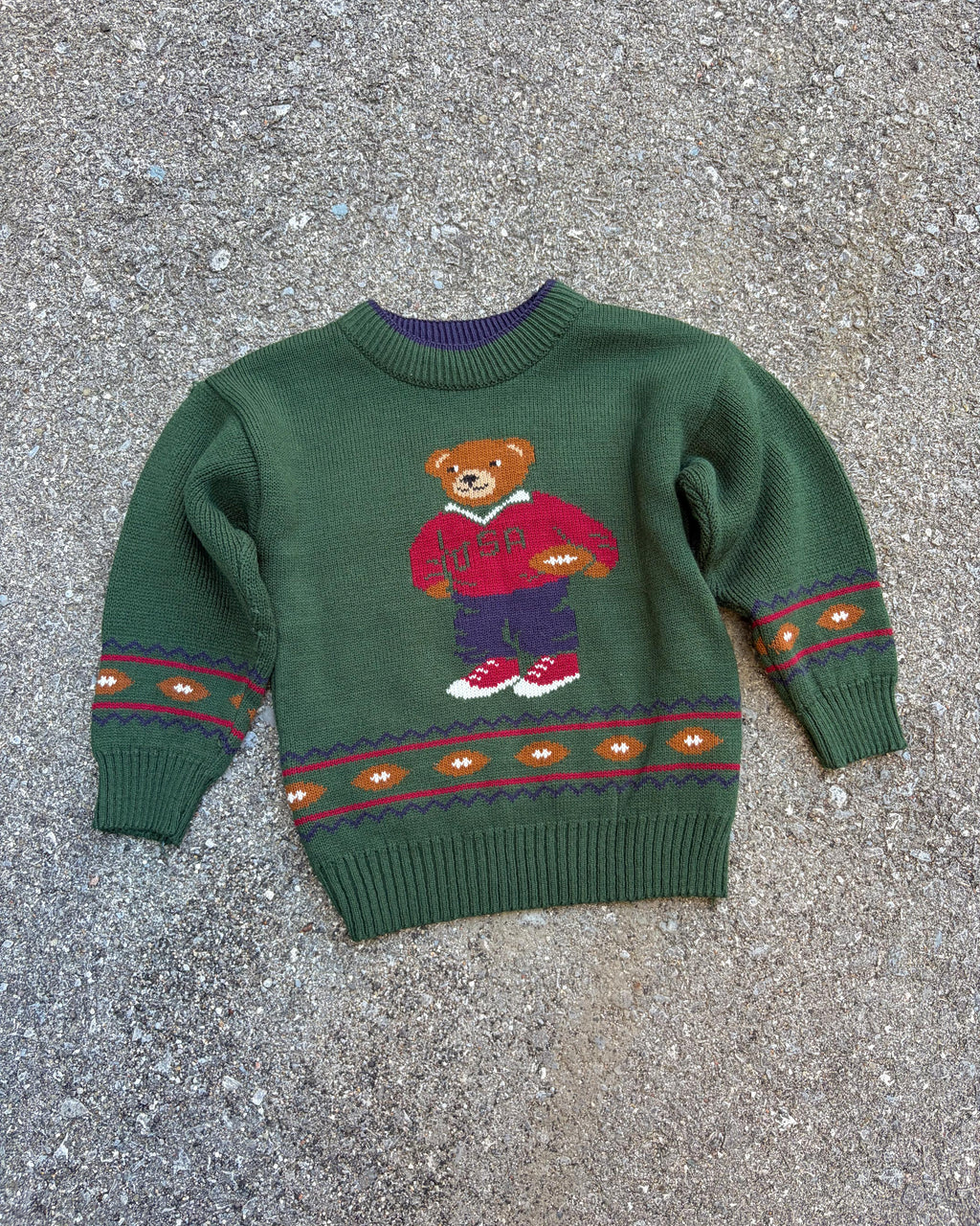 Vintage 90s USA Football Polo Style Bear Graphic Pullover Knit Sweater Size YOUTH S4